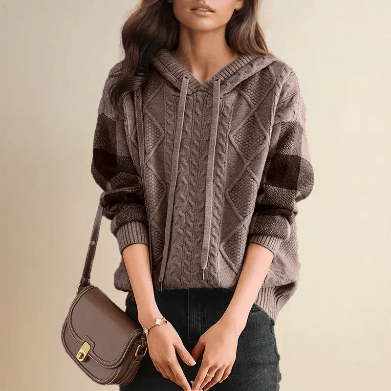 Women's Hooded Cable Knit Sweater with Colorblock Sleeves