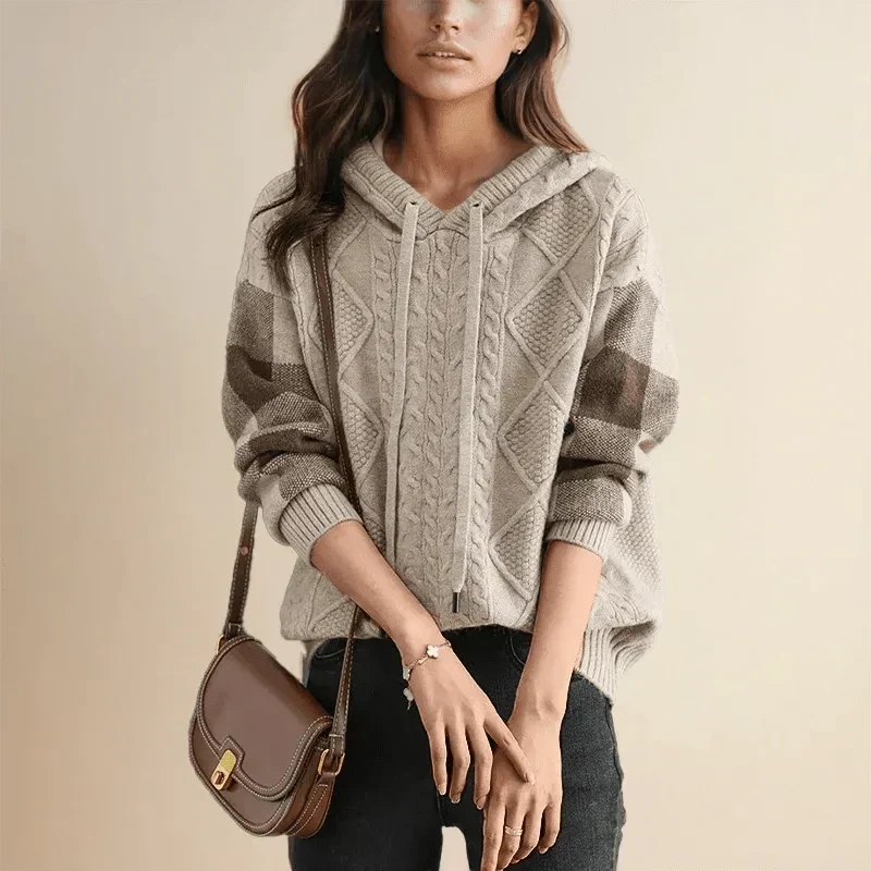 Women's Hooded Cable Knit Sweater with Colorblock Sleeves