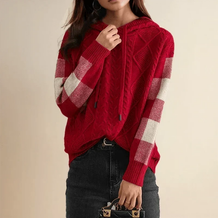 Women's Hooded Cable Knit Sweater with Colorblock Sleeves