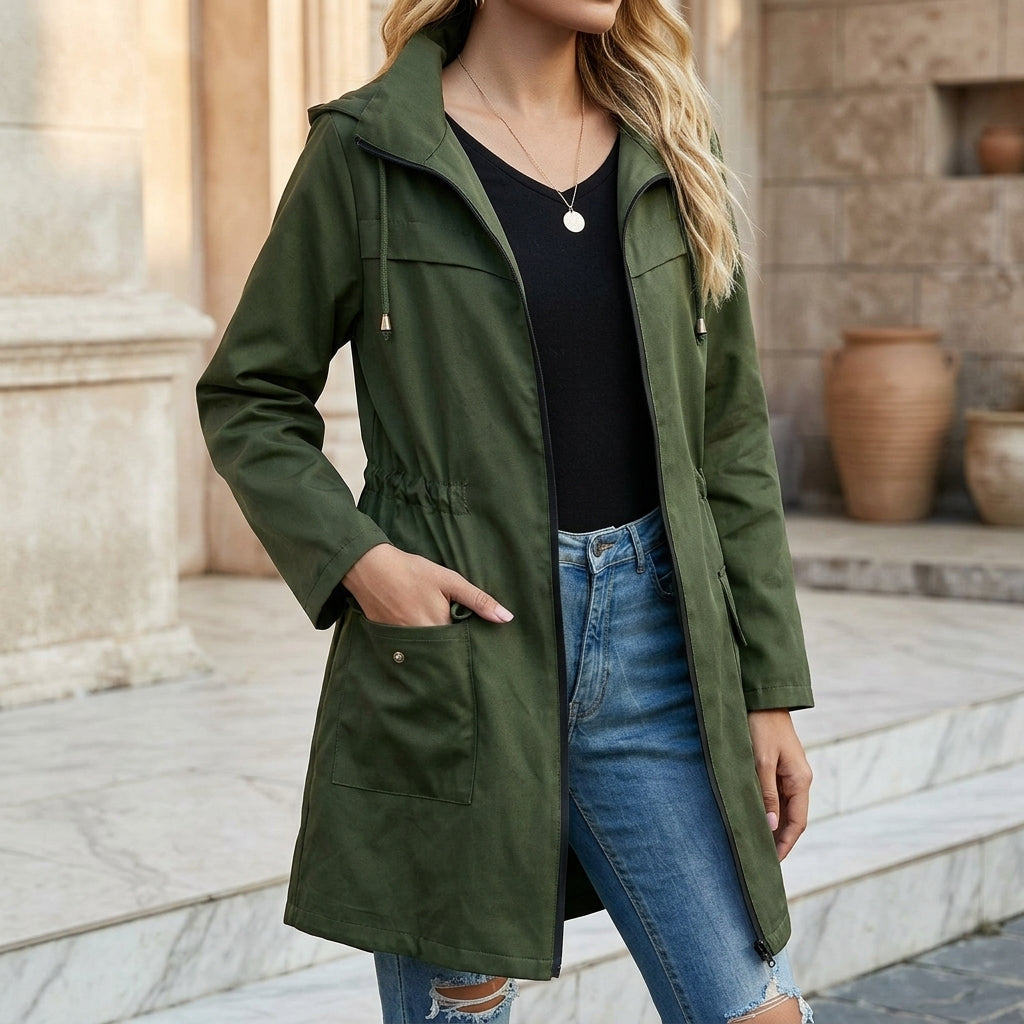 Women's Hooded Drawstring Zip-Up Jacket