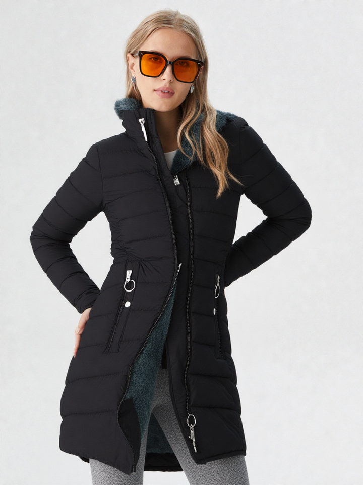 Women's Hooded Quilted Puffer Coat with Faux Fur Trim