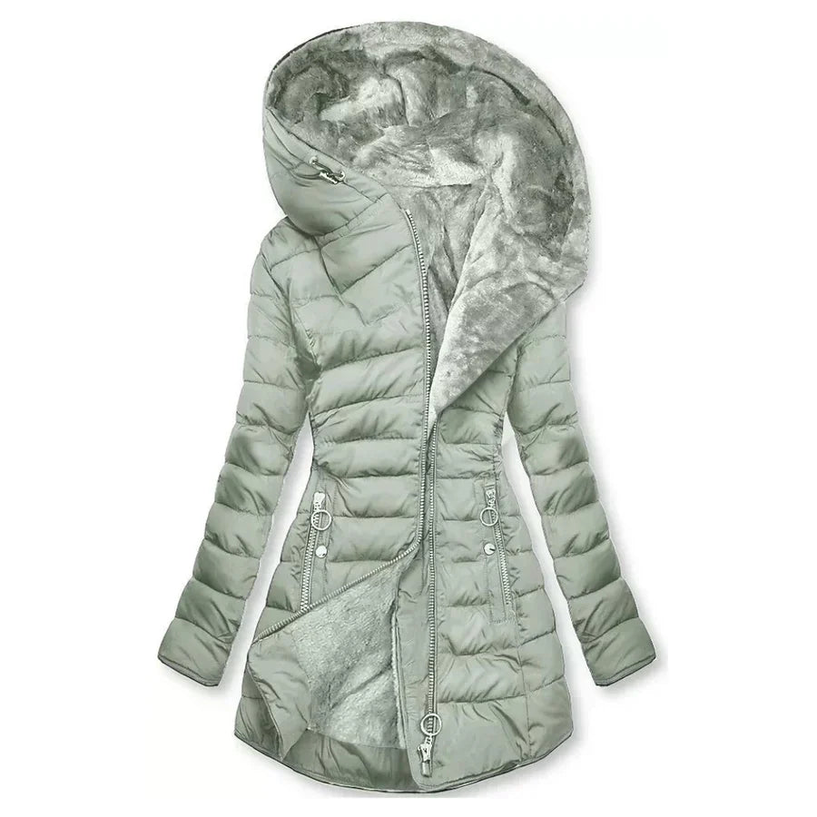 Women's Hooded Quilted Puffer Coat with Faux Fur Trim