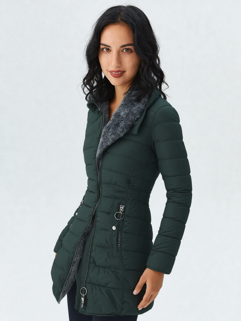 Women's Hooded Quilted Puffer Coat with Faux Fur Trim