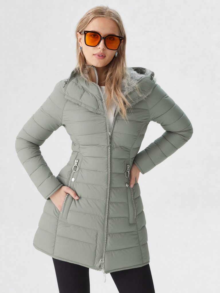 Women's Hooded Quilted Puffer Coat with Faux Fur Trim