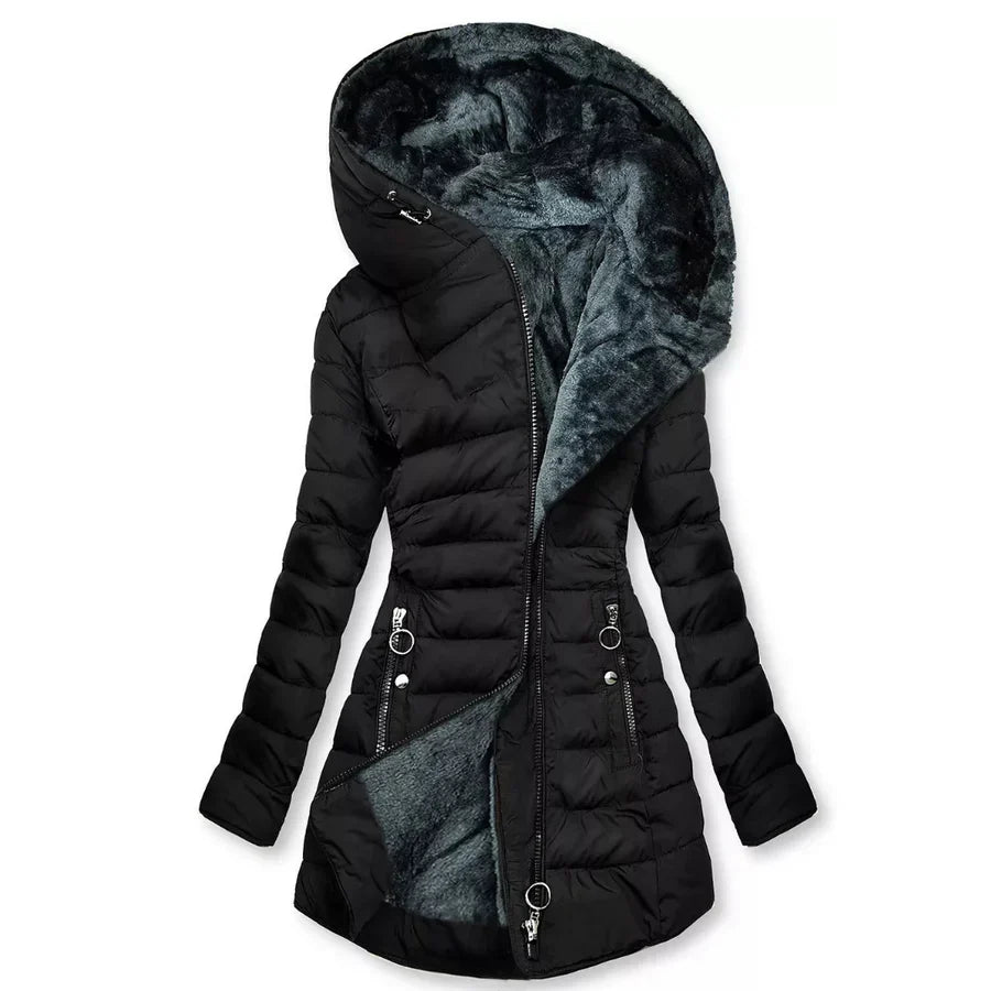 Women's Hooded Quilted Puffer Coat with Faux Fur Trim