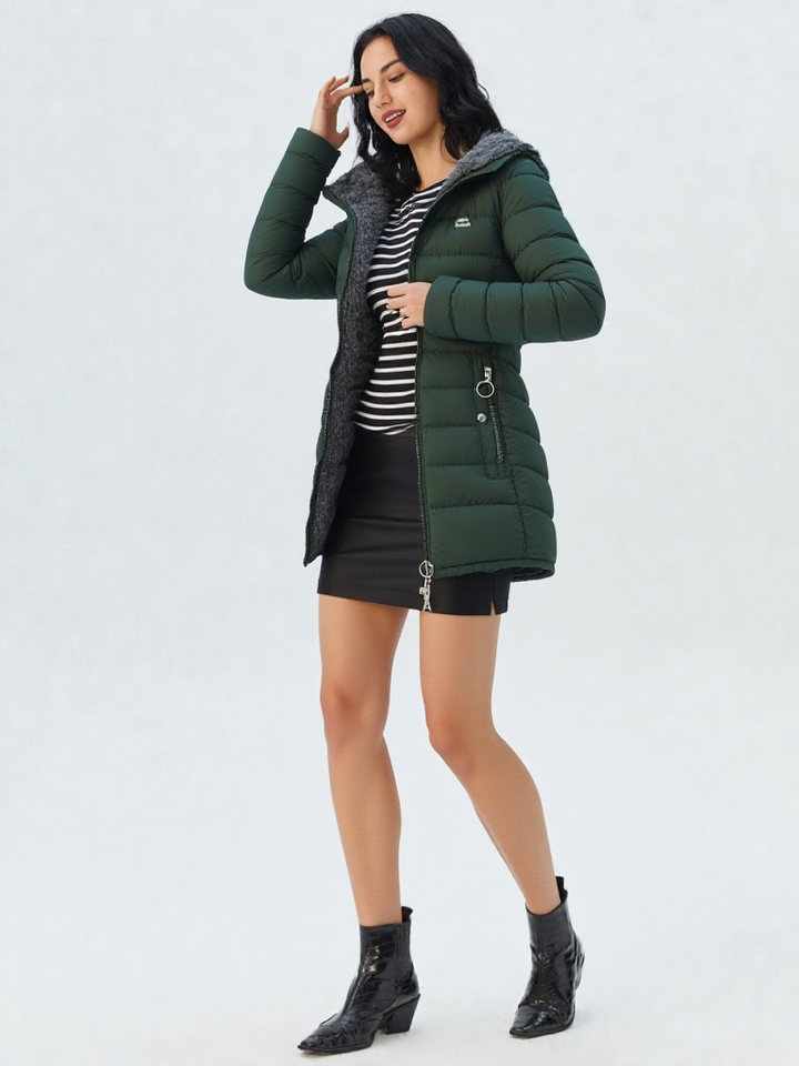 Women's Hooded Quilted Puffer Coat with Faux Fur Trim