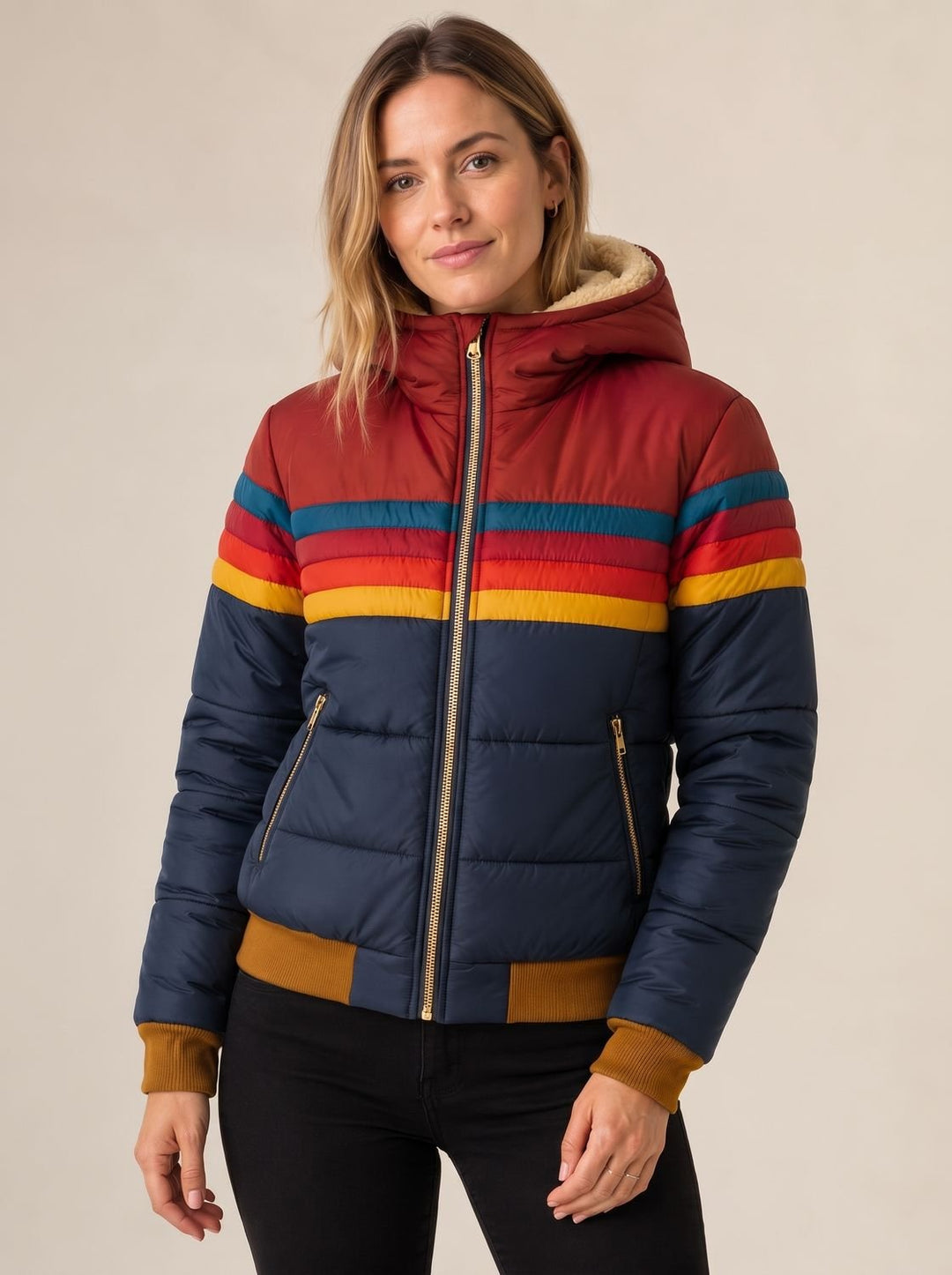 Women's Hooded Striped Colour-Block Puffer Jacket