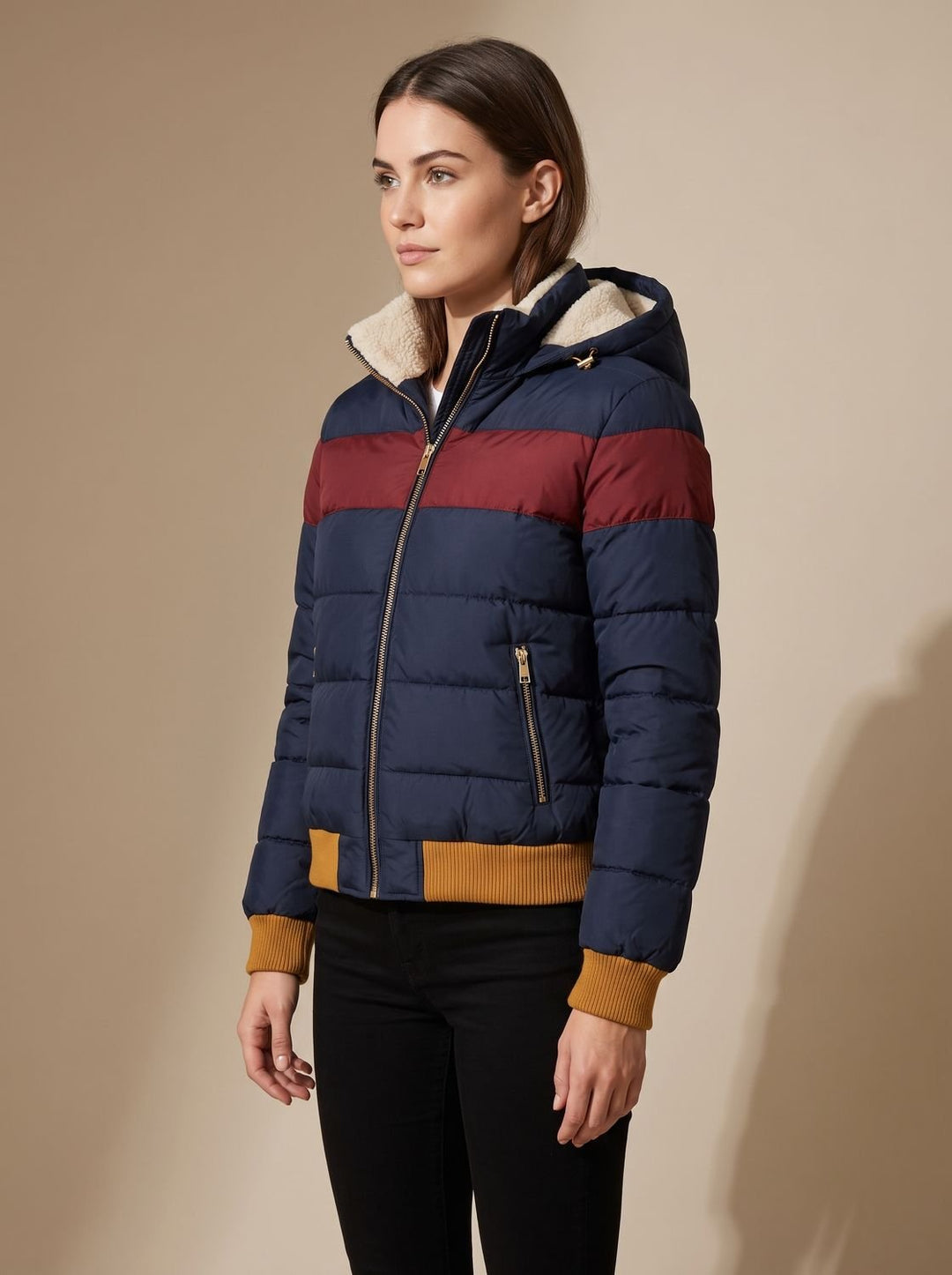 Women's Hooded Striped Colour-Block Puffer Jacket