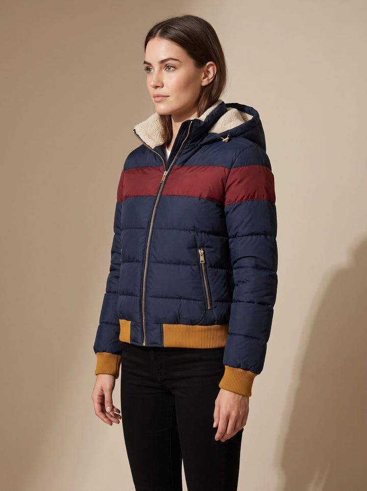 Women's Hooded Striped Colour-Block Puffer Jacket