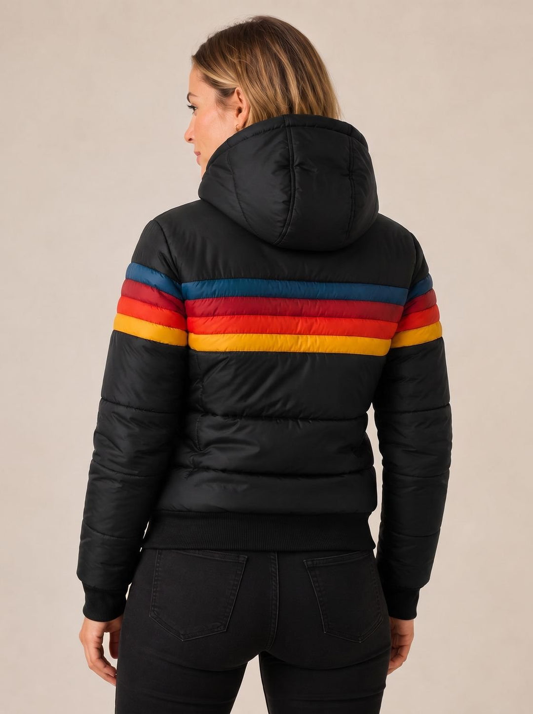 Women's Hooded Striped Colour-Block Puffer Jacket