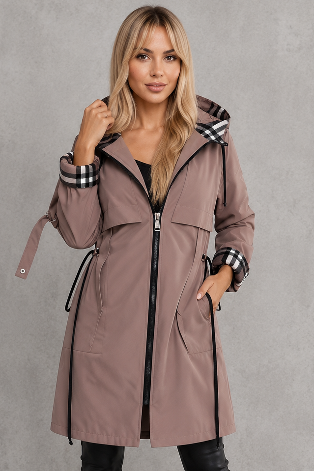 Women's Hooded Zip-Front Jacket with Checked Trim