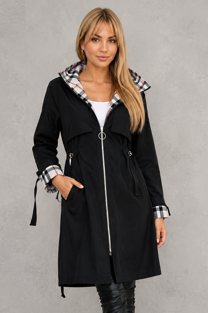 Women's Hooded Zip-Front Jacket with Checked Trim