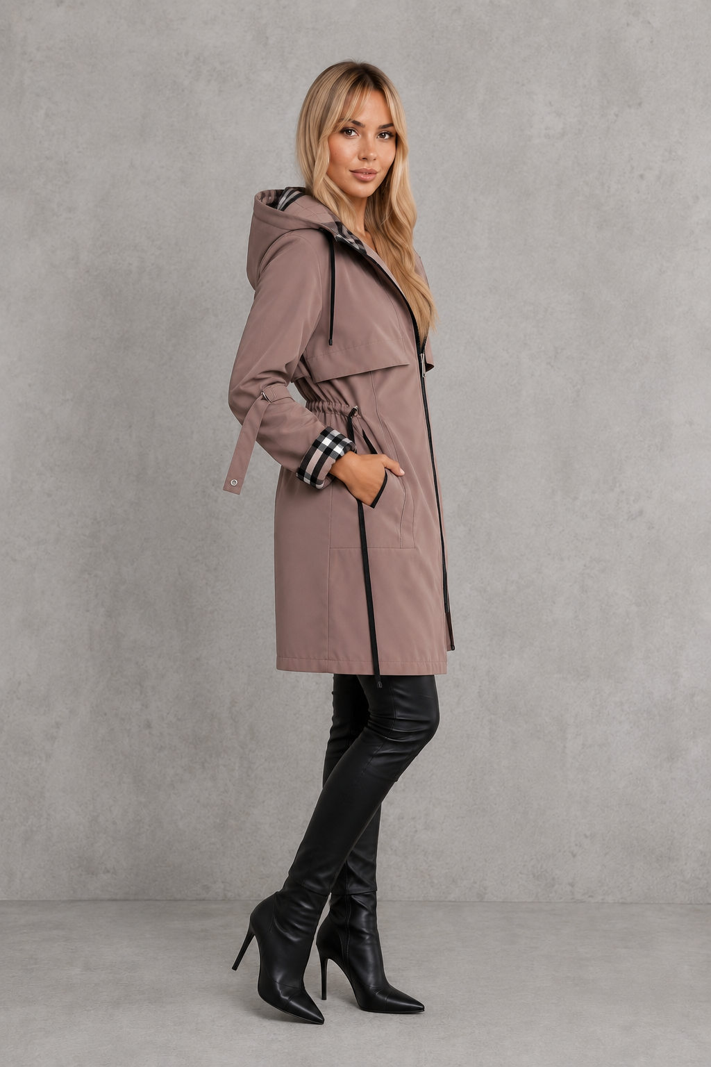 Women's Hooded Zip-Front Jacket with Checked Trim