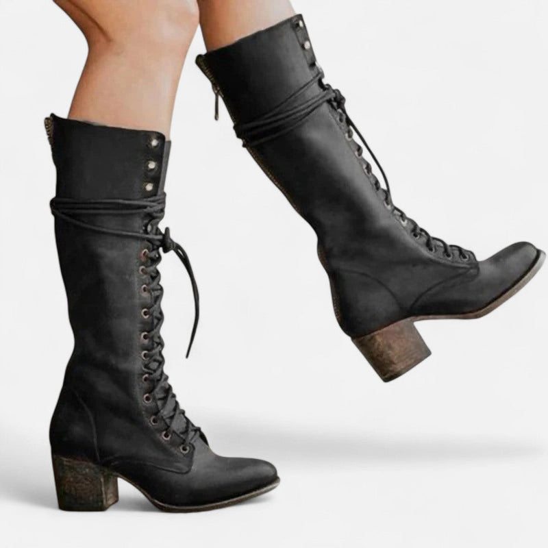 Women's Knee High Lace-Up Block Heel Faux Leather Boots