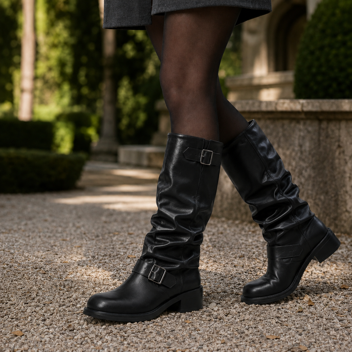 Women's Knee-High Slouch Buckle Biker Boots