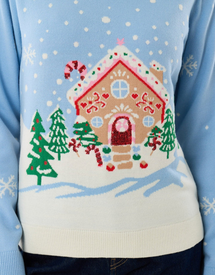 Women's Christmas Jumper Gingerbread House Sequin in Light Blue
