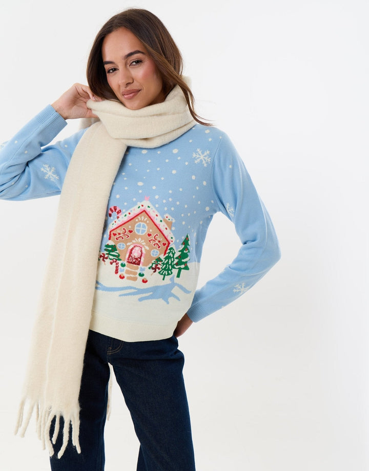 Women's Christmas Jumper Gingerbread House Sequin in Light Blue