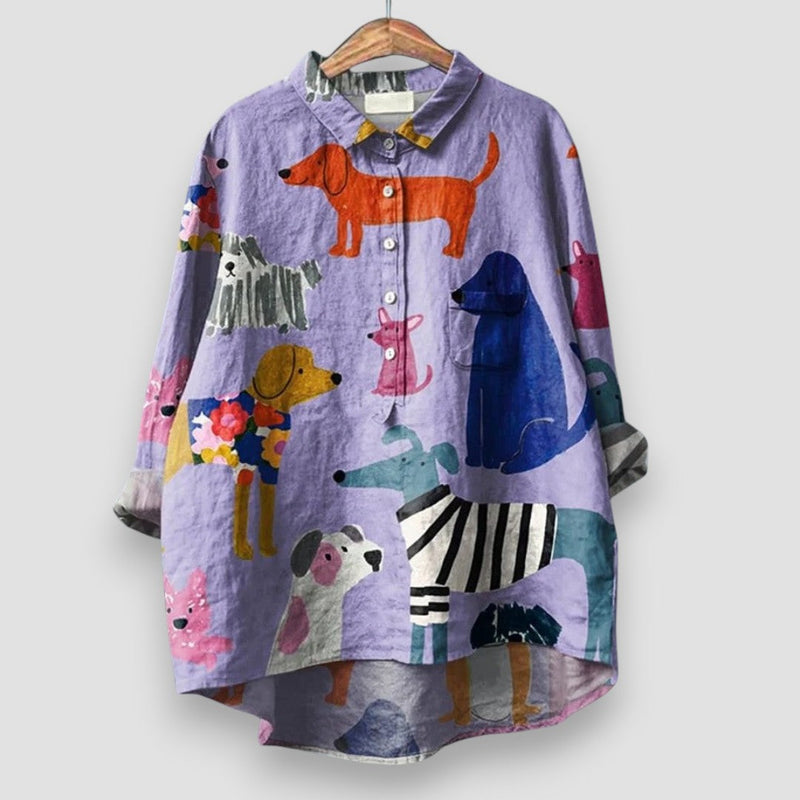 Women's Long-Sleeve Collared Dog Print Blouse