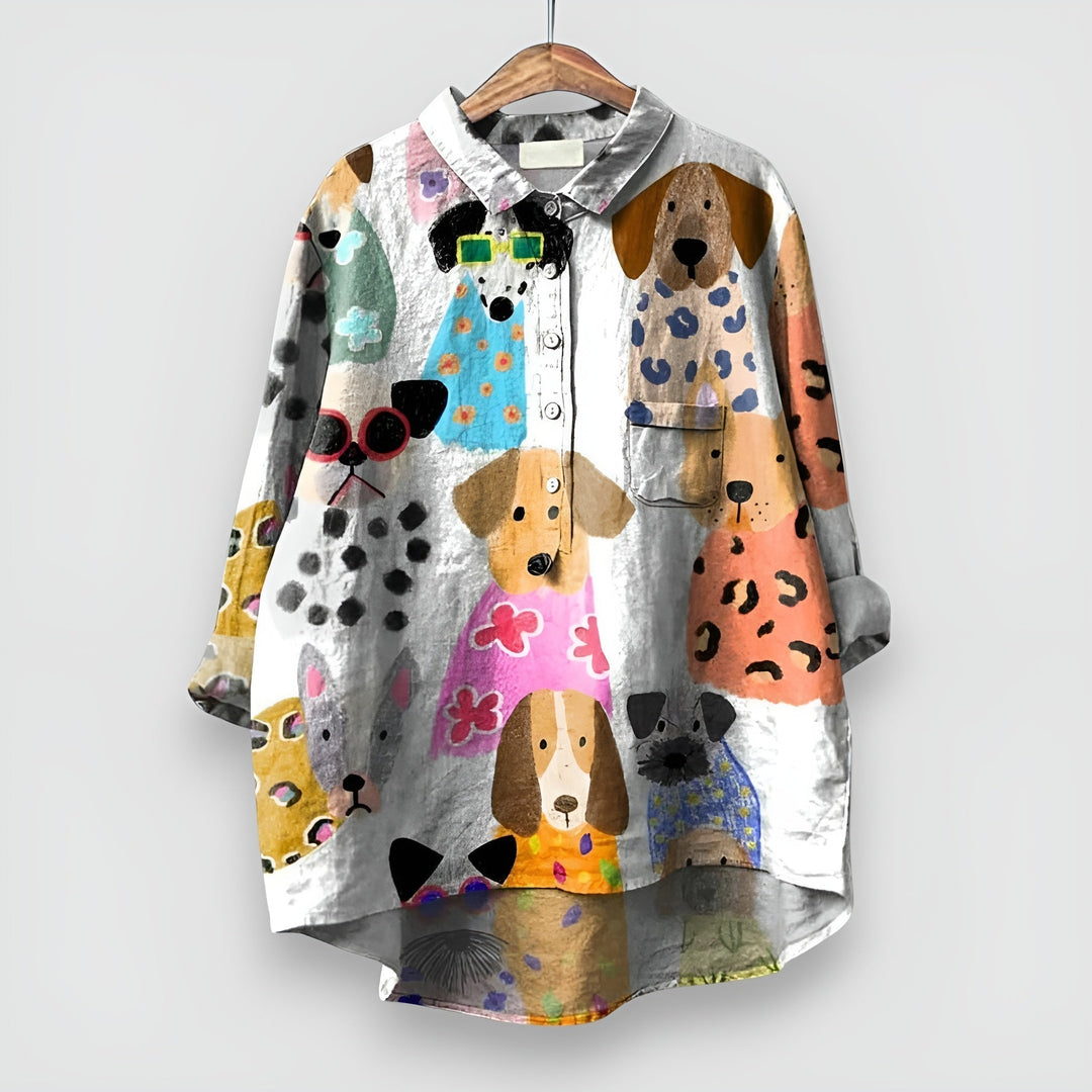 Women's Long-Sleeve Collared Dog Print Blouse