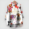 Women's Long-Sleeve Collared Dog Print Blouse