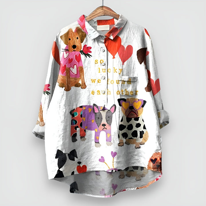 Women's Long-Sleeve Collared Dog Print Blouse