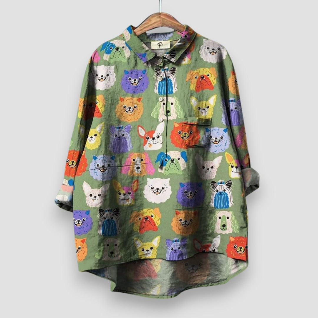 Women's Long-Sleeve Collared Dog Print Blouse