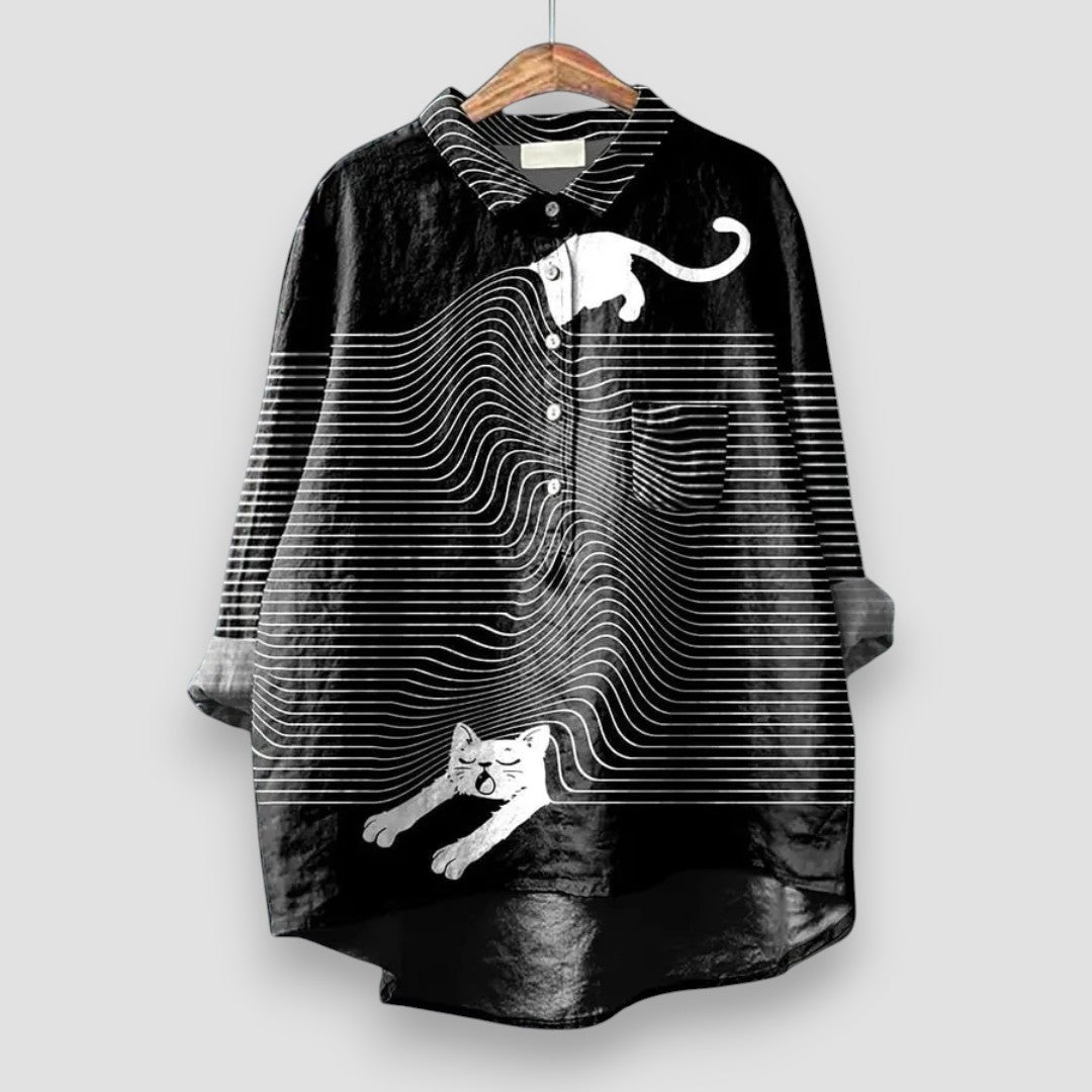 Women's Long-Sleeve Collared Dog Print Blouse