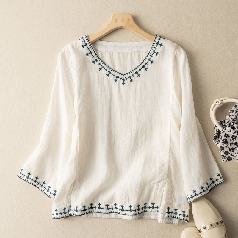 Women's Long-Sleeve Embroidered V-Neck Blouse
