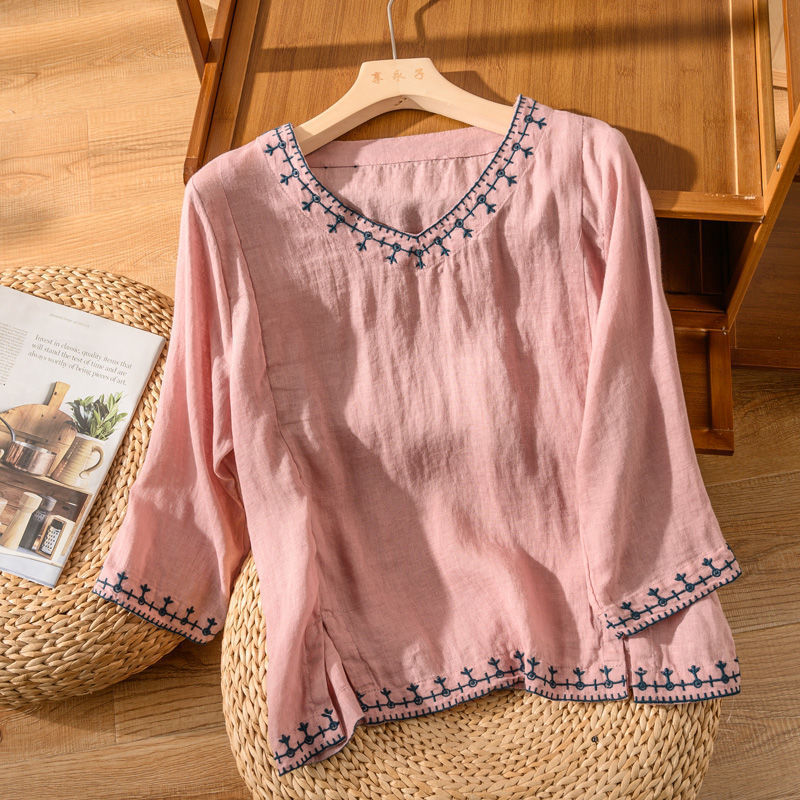 Women's Long-Sleeve Embroidered V-Neck Blouse