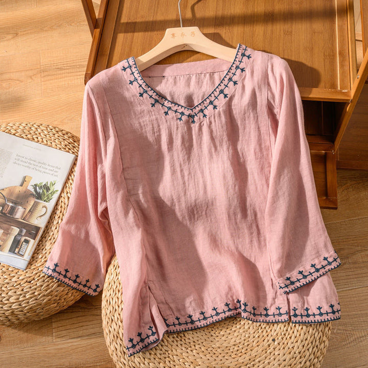 Women's Long-Sleeve Embroidered V-Neck Blouse