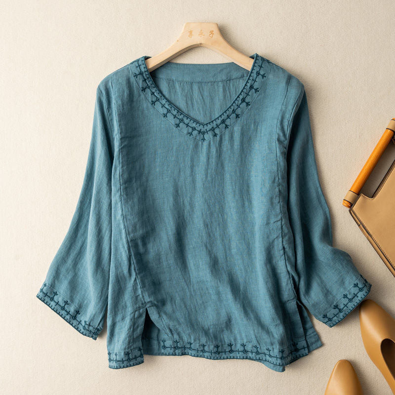 Women's Long-Sleeve Embroidered V-Neck Blouse