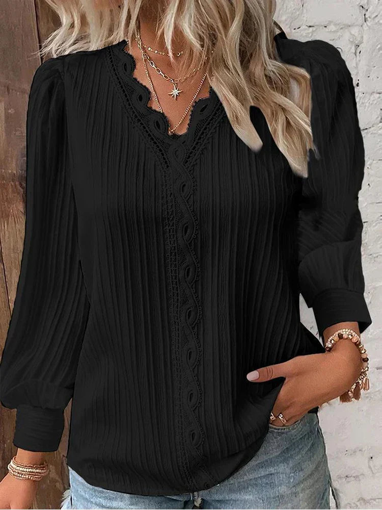 Women's Long-Sleeve Lace-Trim Pleated Blouse