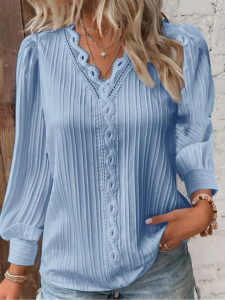 Women's Long-Sleeve Lace-Trim Pleated Blouse