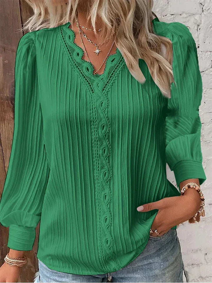 Women's Long-Sleeve Lace-Trim Pleated Blouse