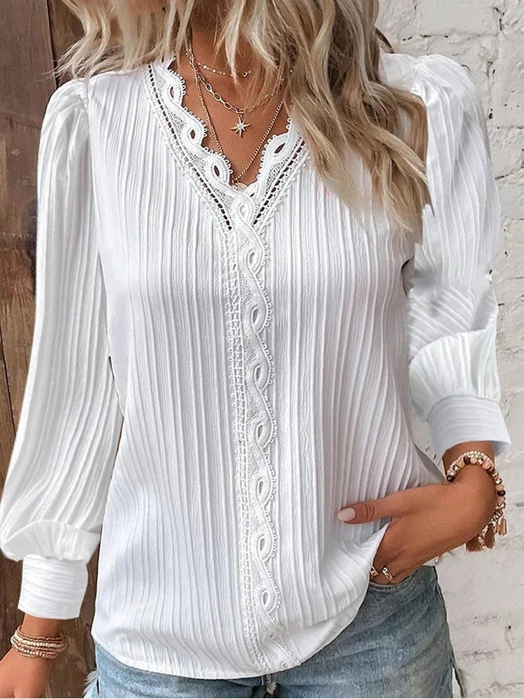 Women's Long-Sleeve Lace-Trim Pleated Blouse
