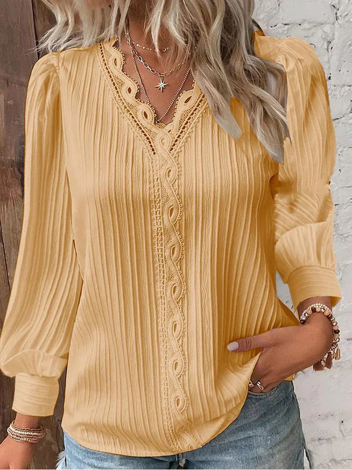 Women's Long-Sleeve Lace-Trim Pleated Blouse