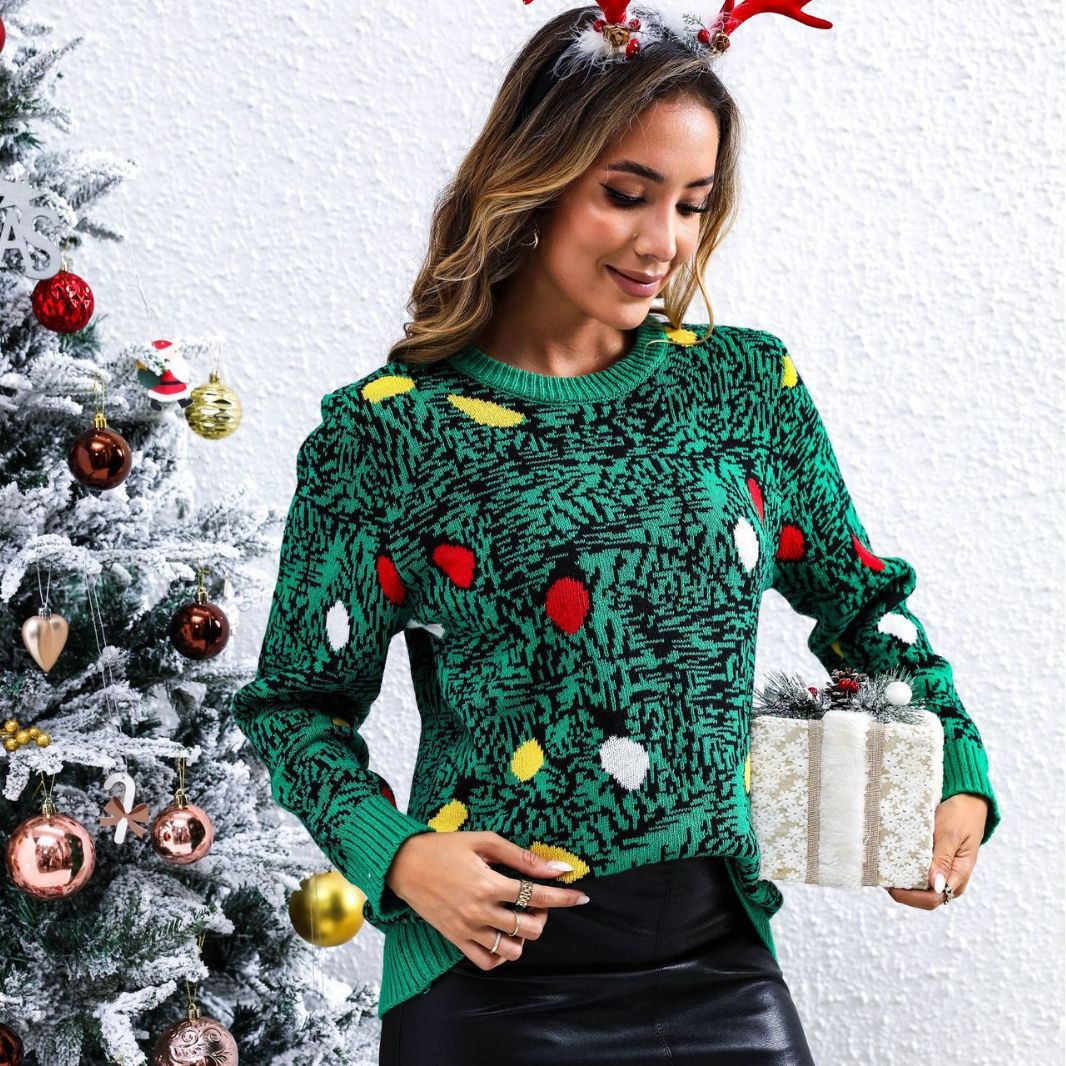 Women's Christmas Jumper Fairy Lights Knit in Green