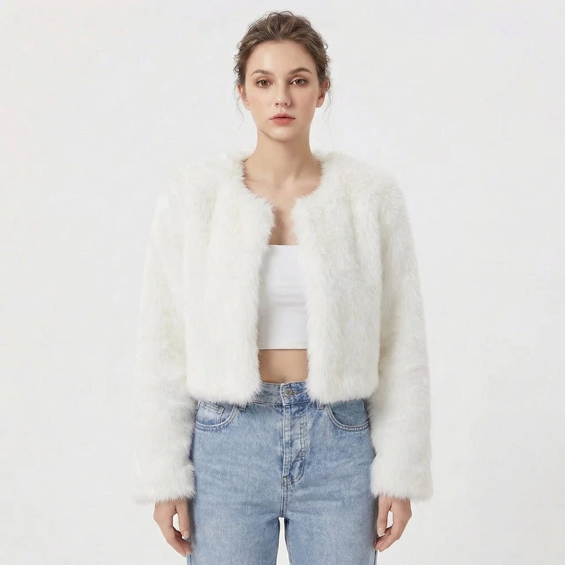 Women's Cropped Faux Fur Open Front Jacket