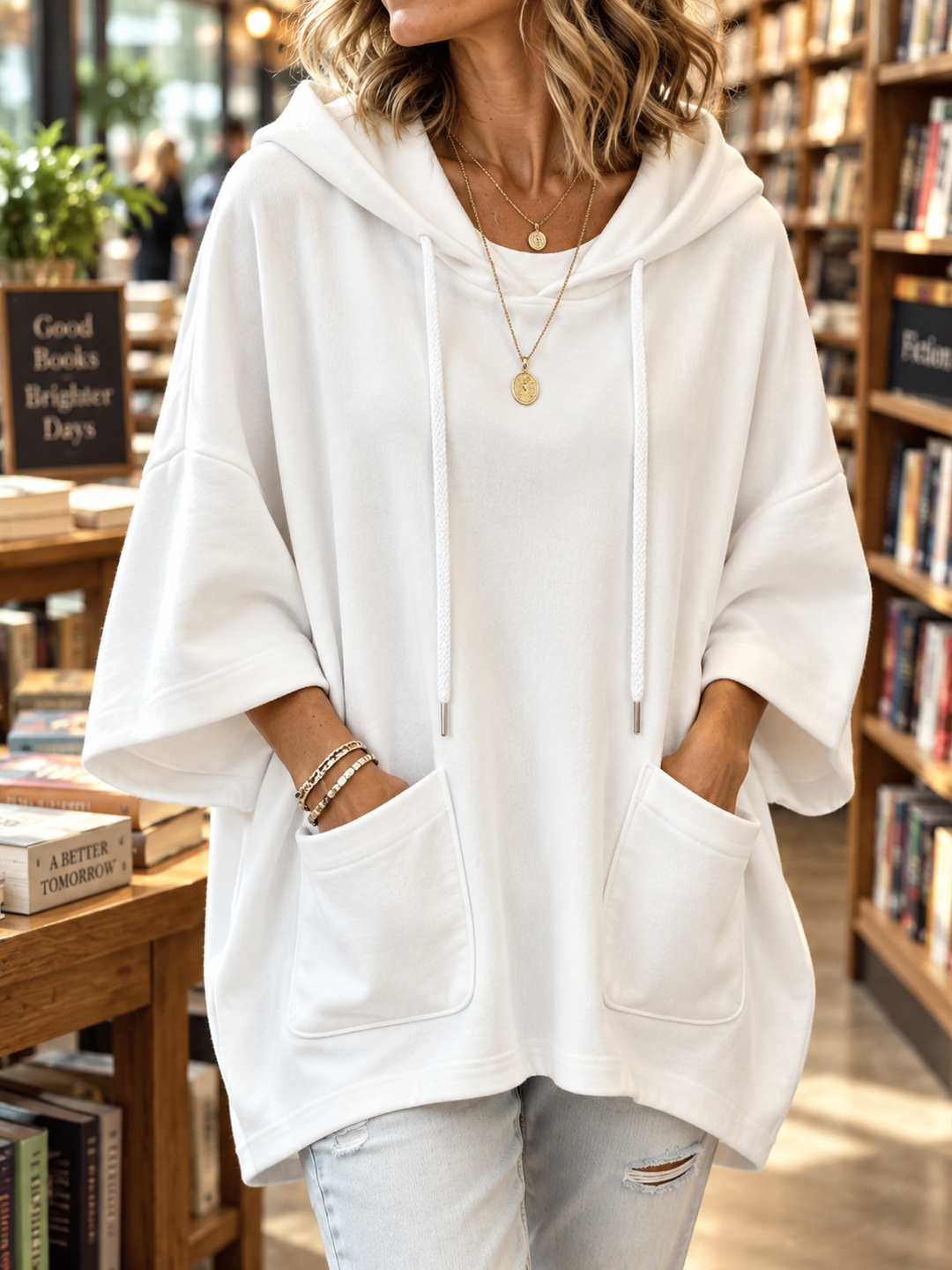 Women's Oversized Drawstring Hoodie with Patch Pockets