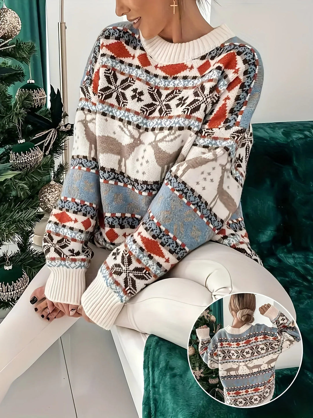 Women's Christmas Jumper Fair Isle Reindeer Oversized in White
