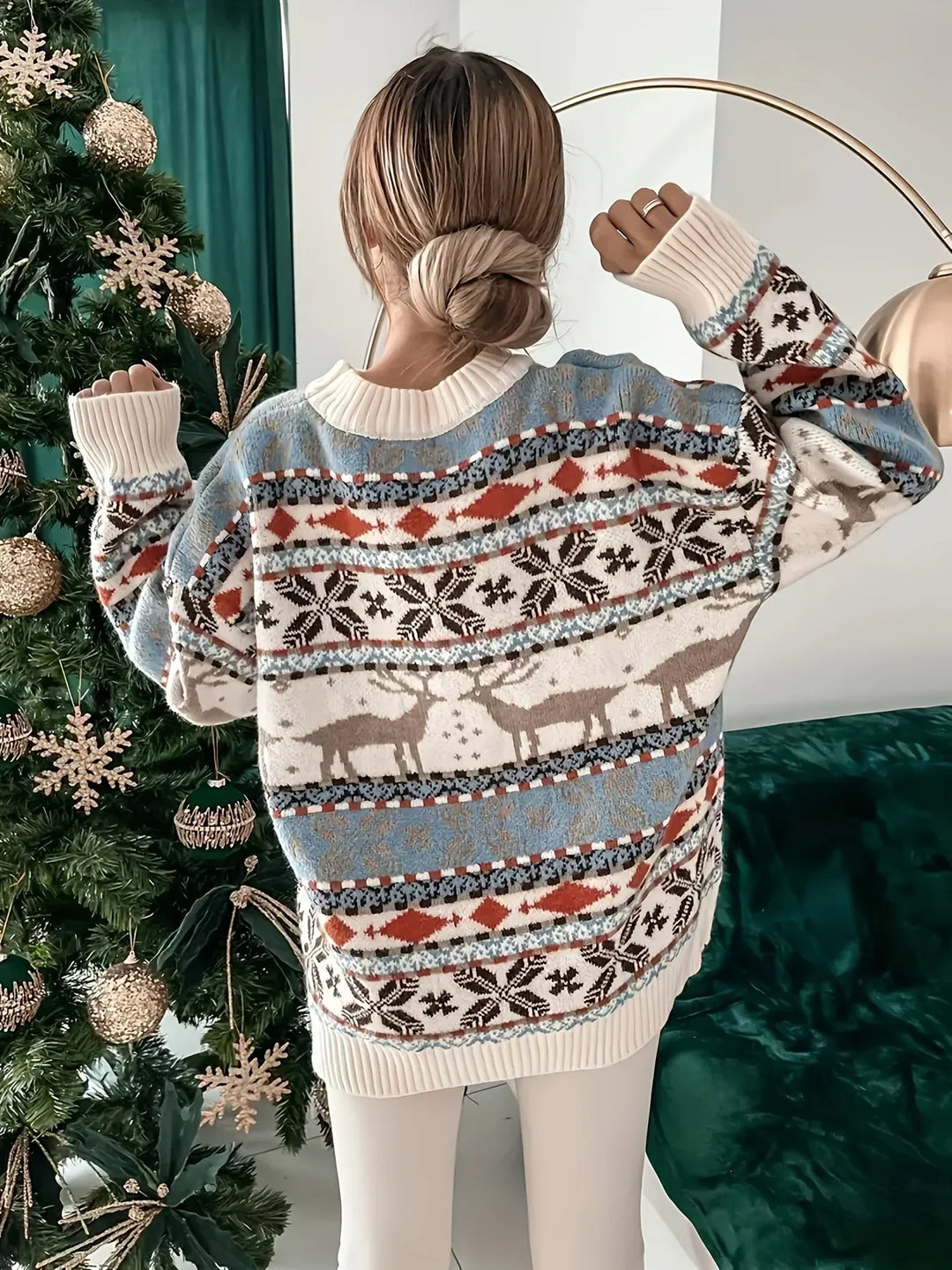 Women's Christmas Jumper Fair Isle Reindeer Oversized in White