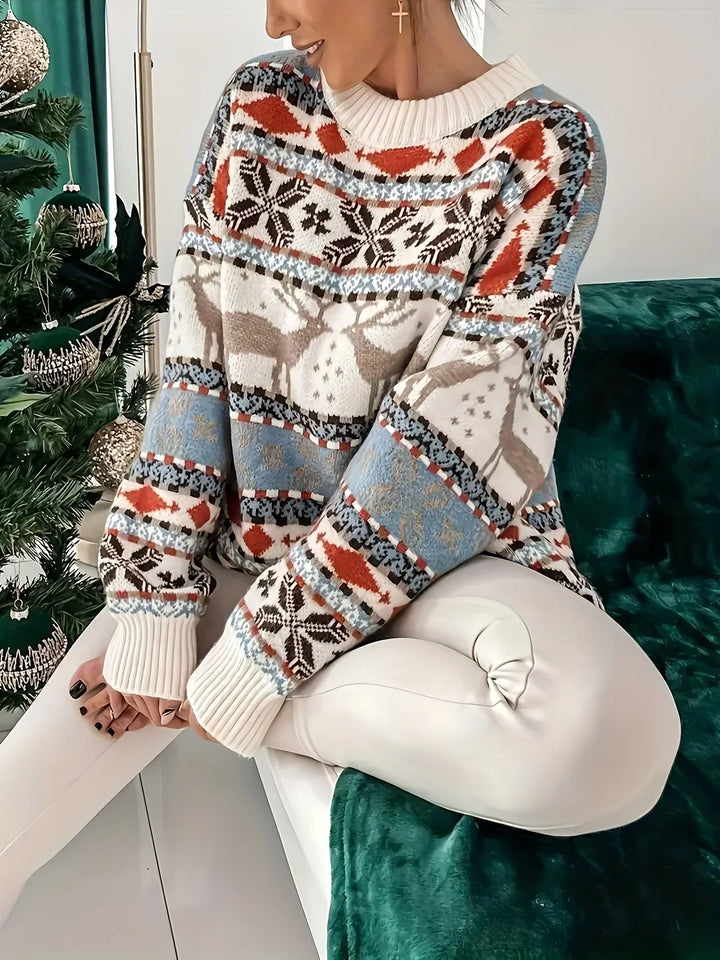 Women's Christmas Jumper Fair Isle Reindeer Oversized in White