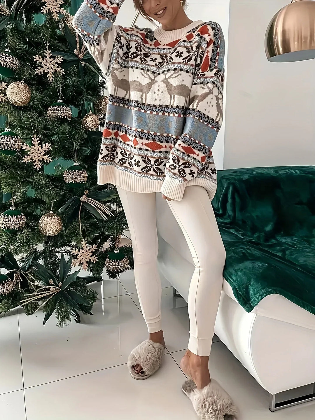 Women's Christmas Jumper Fair Isle Reindeer Oversized in White