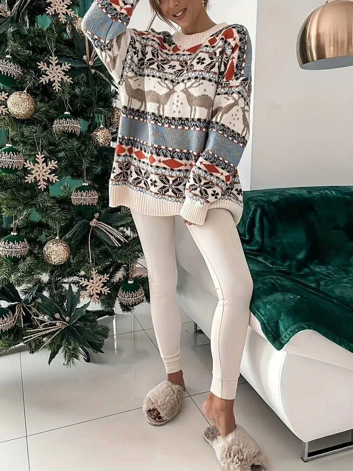 Women's Christmas Jumper Fair Isle Reindeer Oversized in White