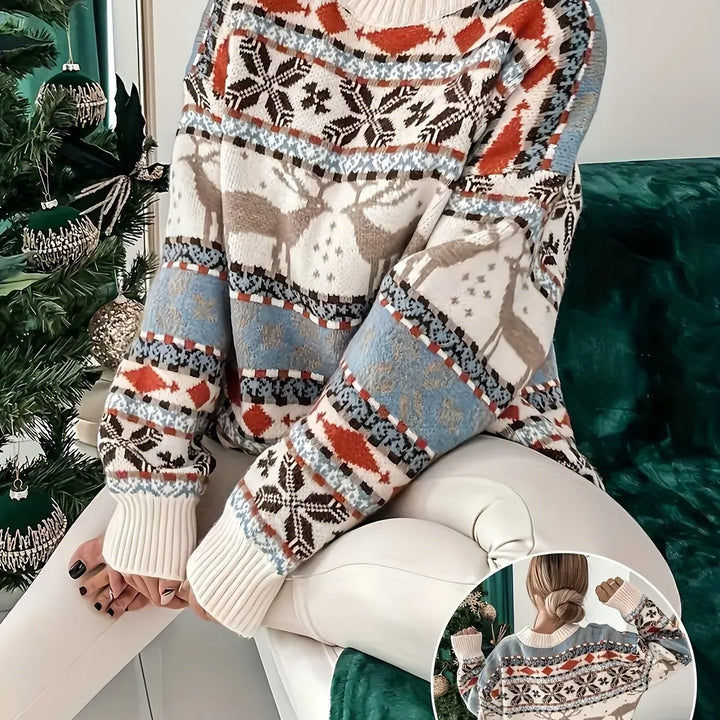 Women's Christmas Jumper Fair Isle Reindeer Oversized in White