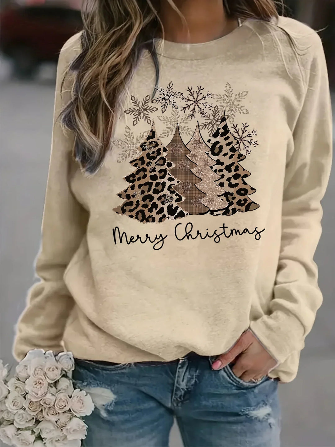 Women's Christmas Jumper Leopard Tree Print Oversized
