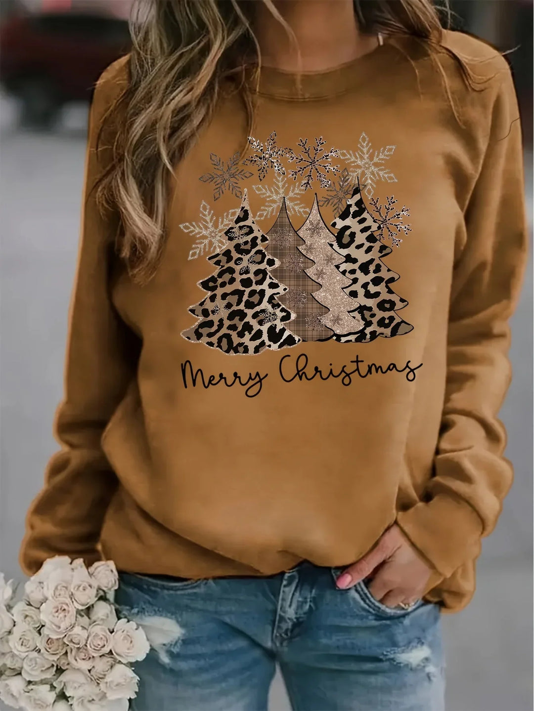 Women's Christmas Jumper Leopard Tree Print Oversized