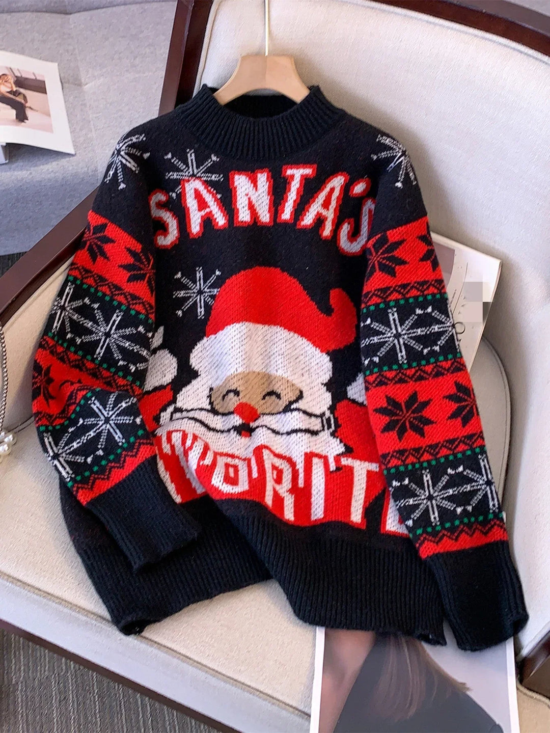Women's Christmas Jumper Santa Slogan Oversized in Black