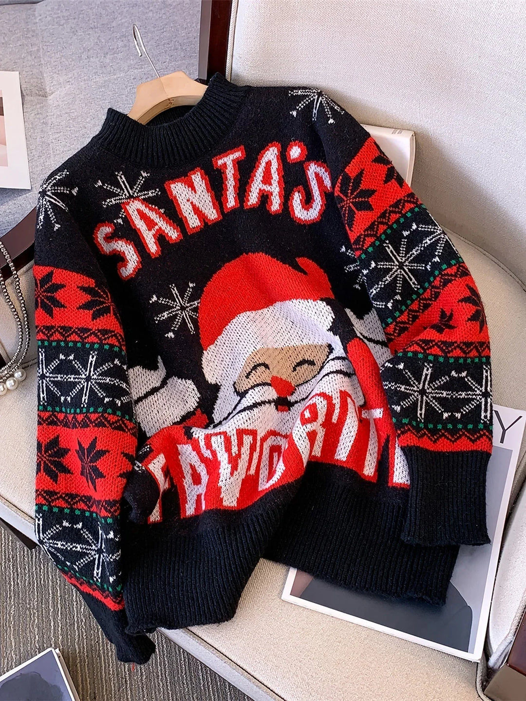 Women's Christmas Jumper Santa Slogan Oversized in Black