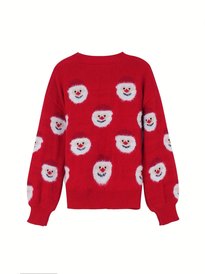 Women's Christmas Jumper Fluffy Santa Face Oversized in Red